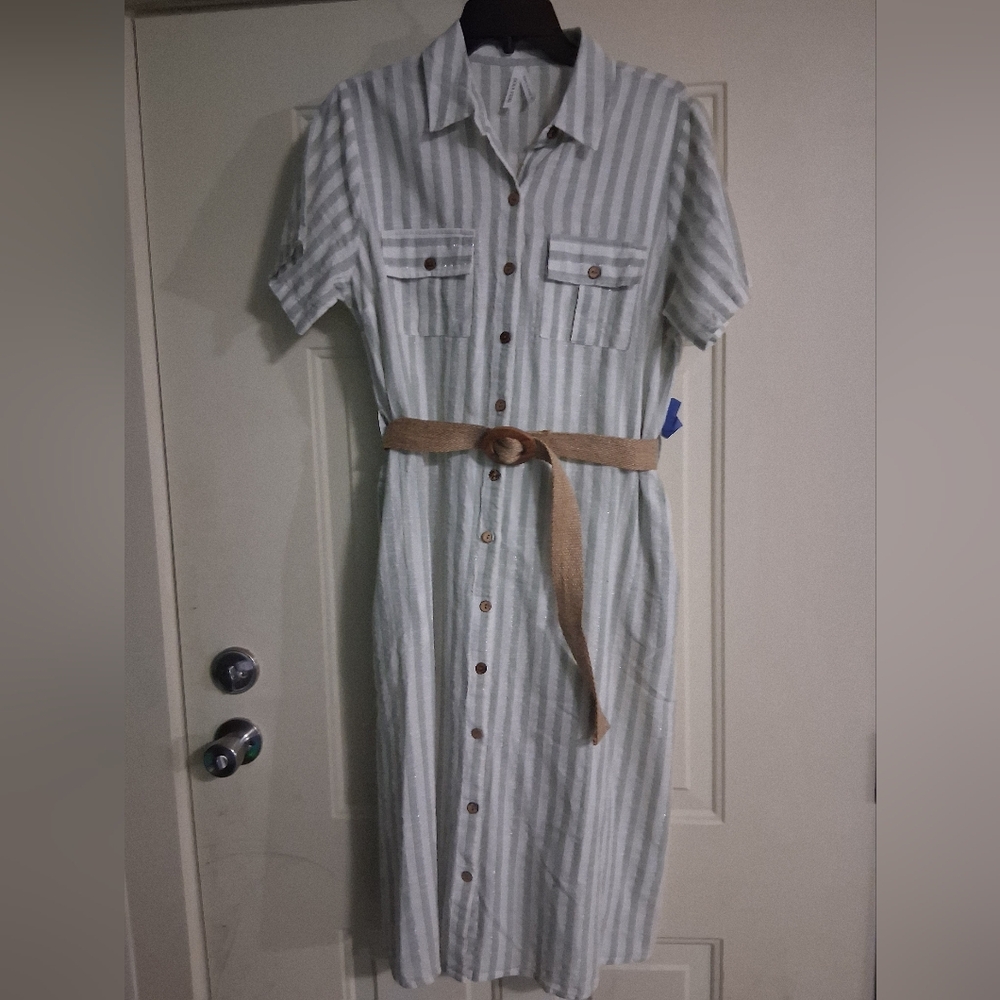 Striped Button-Down Midi Dress with Tan Belt